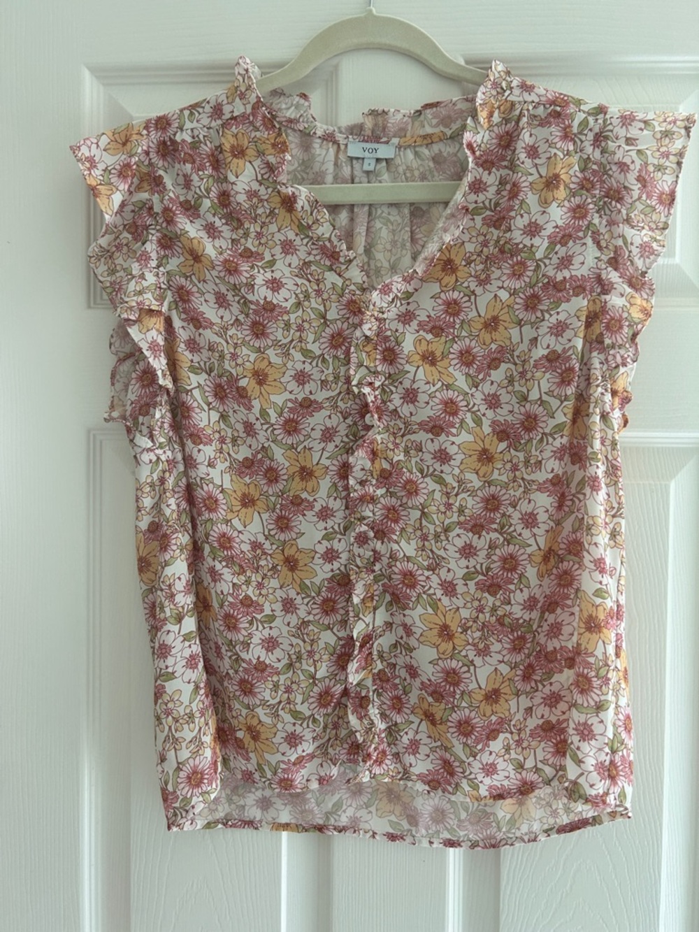 Voy Floral Ruffle Sleeve Blouse in Cream with Pink and Yellow Flowers